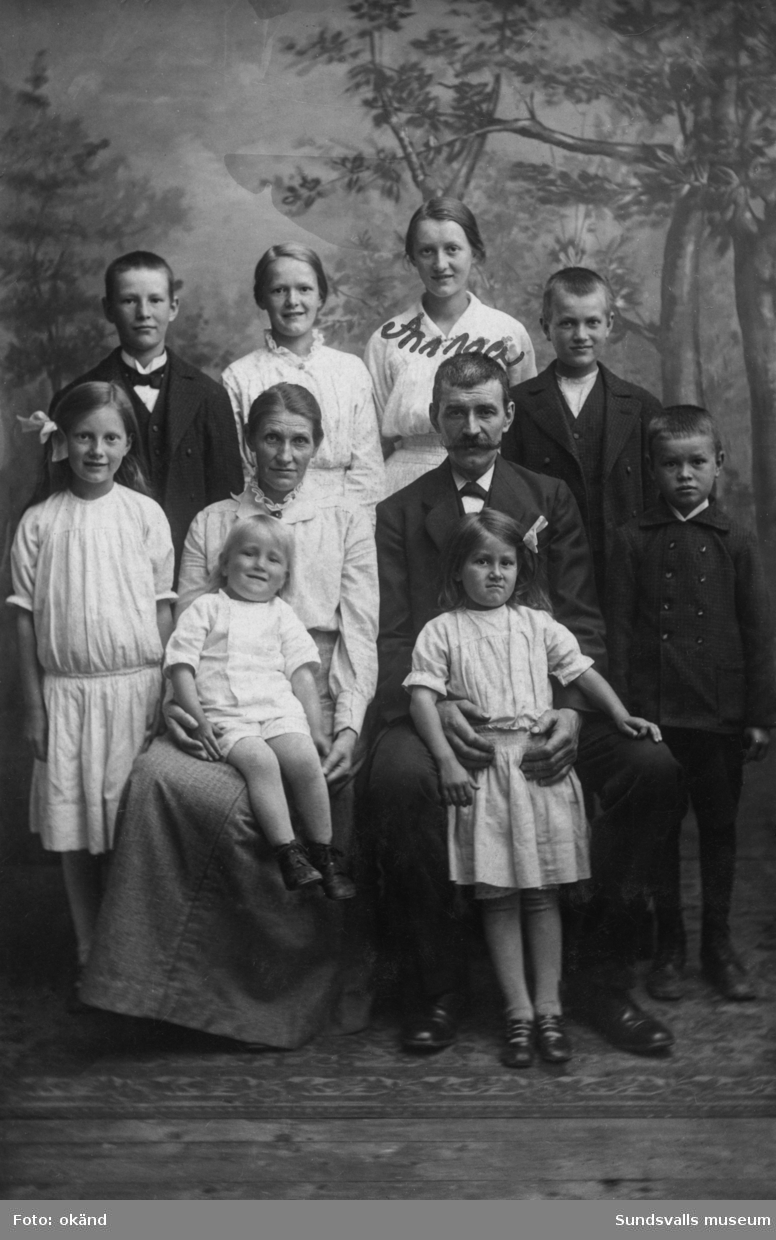 Ateljéporträtt av en familj med åtta barn, fem flickor och tre pojkar. På bildens baksida står: Familjen Löfgren. Den äldsta flickan verkar heta Anna. Ur en samling från Fanbyn, Stöde.