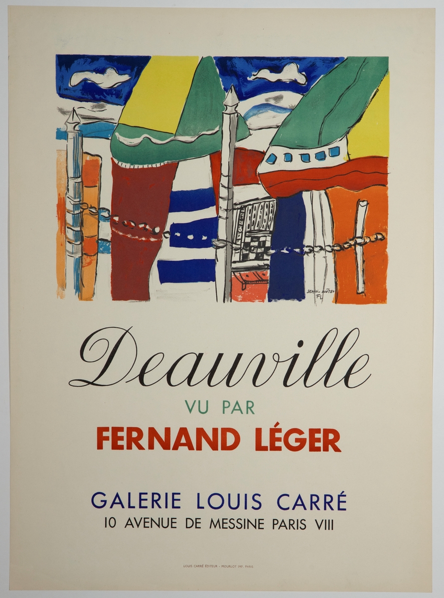 Komposisjon i rødt, orange, gult, grønt og blått som viser fargerike strandtelt i Deauville. Litografi av Mourlot etter Léges gouache: "Deauville".