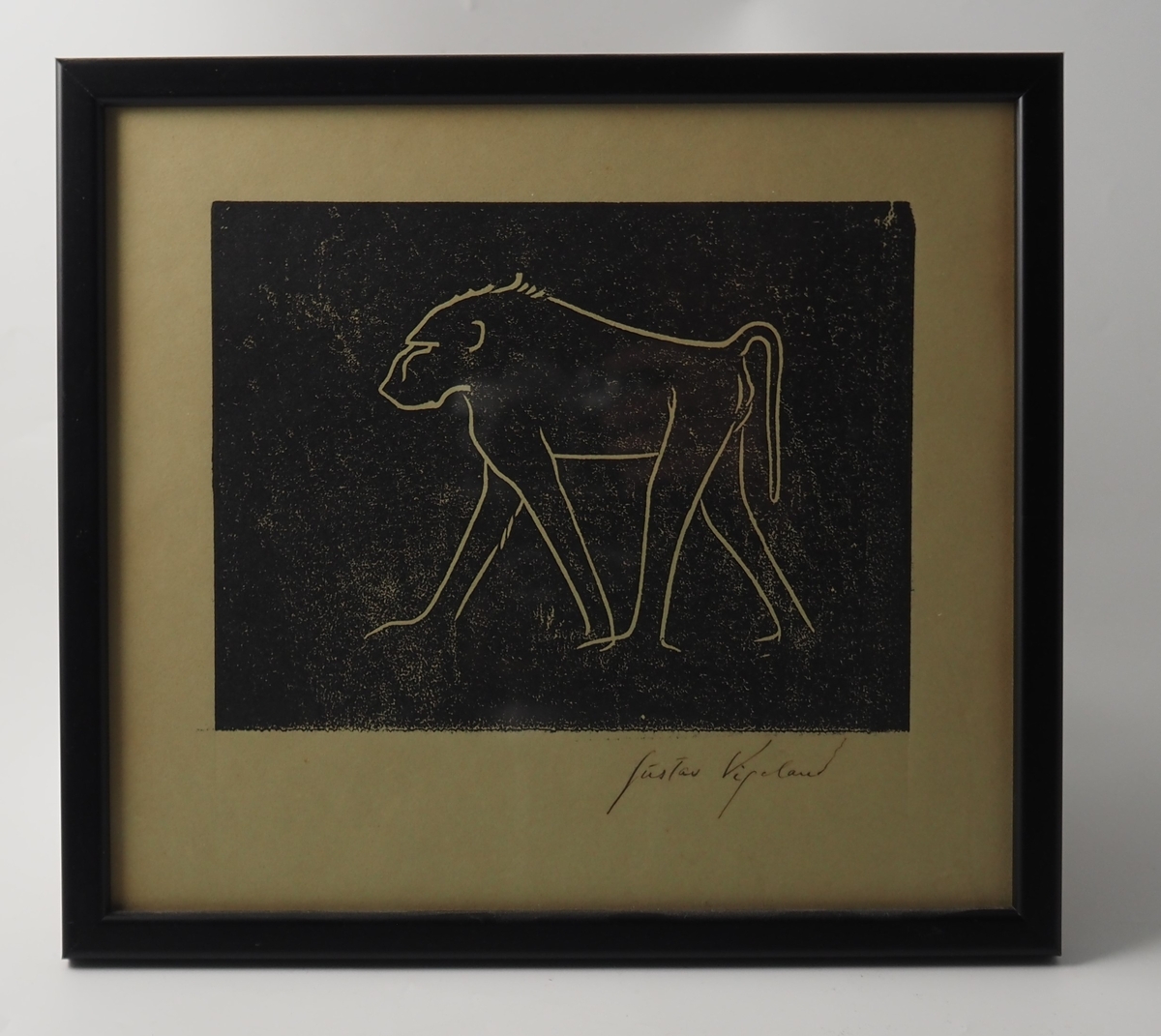 "Ape" (ca. 1915-1917). Tresnitt av Gustav Vigeland.

Tresnittene med enkle streker av dyr er basert på tegninger Vigeland gjorde under besøk i dyrehager.