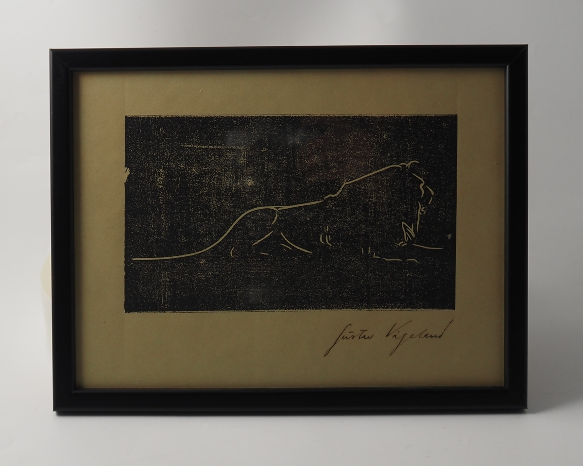 "Løve" (ca. 1915-1917). Tresnitt av Gustav Vigeland.

Tresnittene med enkle streker av dyr er basert på tegninger Vigeland gjorde under besøk i dyrehager.