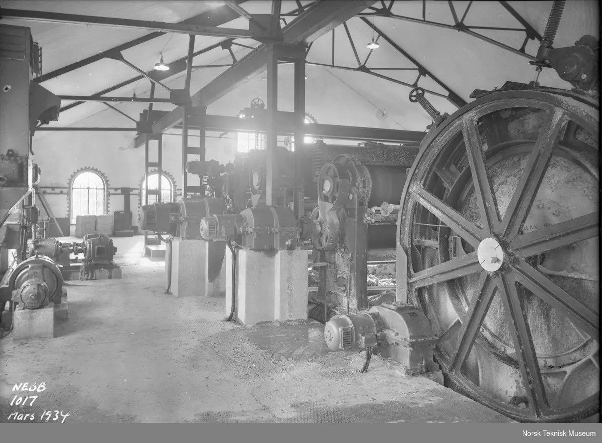 Pressverkets bakside med driftmotorer for Sieber, første og annen press og arkavlegger, Fritzøe Tresliperi : tresliperiet ble anlagt i 1875