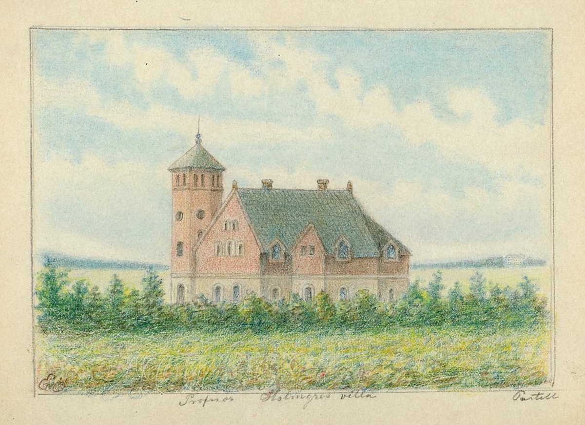 Ståtlig villa i rött tegel och med torn, "Villa Åsen" med omgivande fält, Uppsala 1800-tal