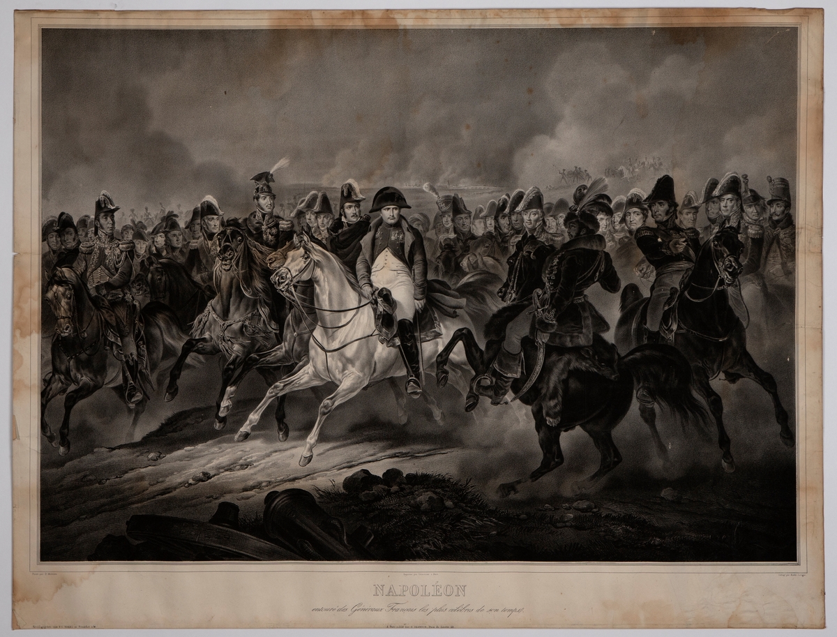 Napoleon på hvit hest omringet av sine generaler på hester.