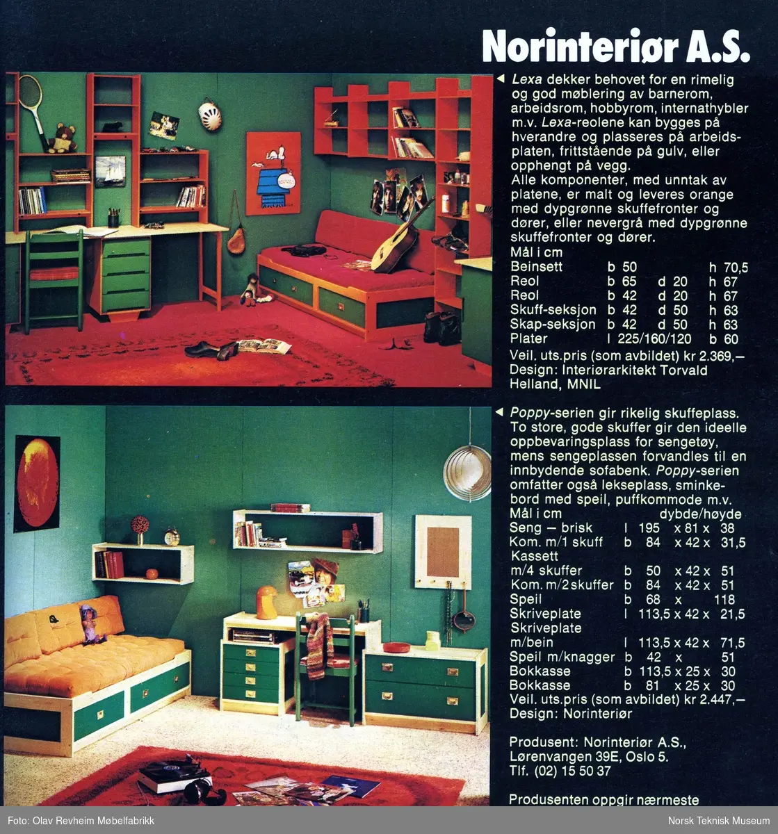 Møbelseriene Lexa og Poppy for barnerom, produsert av Norinteriør AS, Oslo. Fra møbelkatalogen "Norske møbler 1974"
