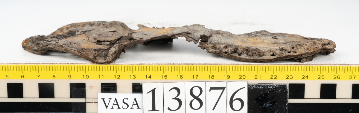 Delar och fragment av sko: en fragmentarisk botten, en sula, fragment av sulor och klackparti samt större, tunna bitar som troligtvis utgjort ovanlädret. På lädret syns utfällningar.
Totalt ett 30-tal fragment samt lite växtfiber.