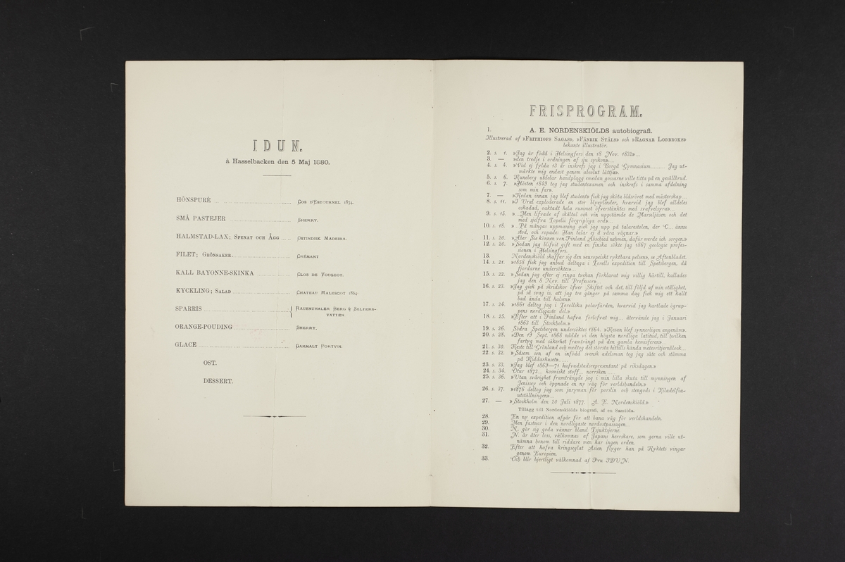 Trycksak: "Idun. å Hasselbacken den 5 maj 1880. A. E. Nordenskiölds autobiografi", meny och frisprogram. Omslag illustrerat av Carl Larsson. Handskrivna anteckningar om mat på baksidan.