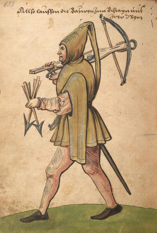 Tegning av mann som bærer armbrøst og piler.