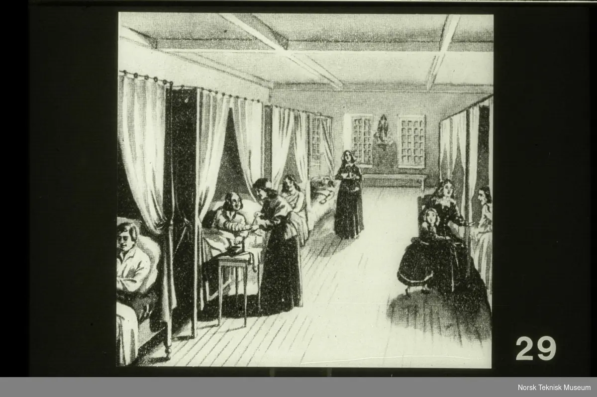 Illustrasjon til "Sykepleiens verdenshistorie" samlet av Ingrid Wyller. Jeanne Mance som sykepleier.

