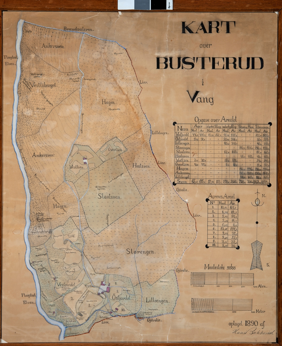 Gardskart over gården Busterud i Vang. Oppmålt av Hans Bakkerud i 1890. Fargelagt gårdskart med navn og størrelse på de forskjellige jordene.