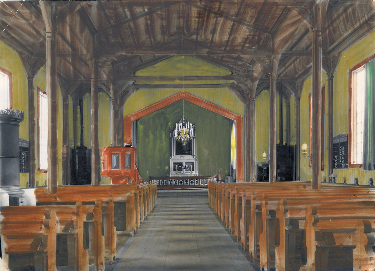 Måleri av interiøret i Bø kyrkje