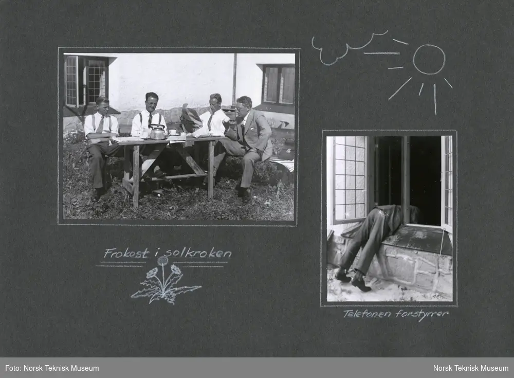 Albumblad, personalet har matpause utenfor utstillingslokalet på Bygdøy. Fra venstre: Gunnar Thuesen, Edvard Farner, Otto Farner, Philip Pedersen