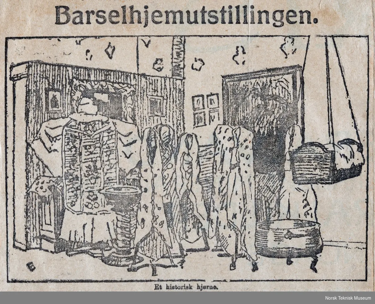 Barselhjemutstillingen - Et historisk hjørne, tegning publisert i avis.