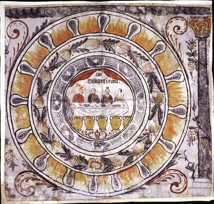Bonadsmålning, dalmålning i form av takros. Bröllopet i Kana (Joh 2). Text: "Om Brölopet i Cana." Målad på papper.