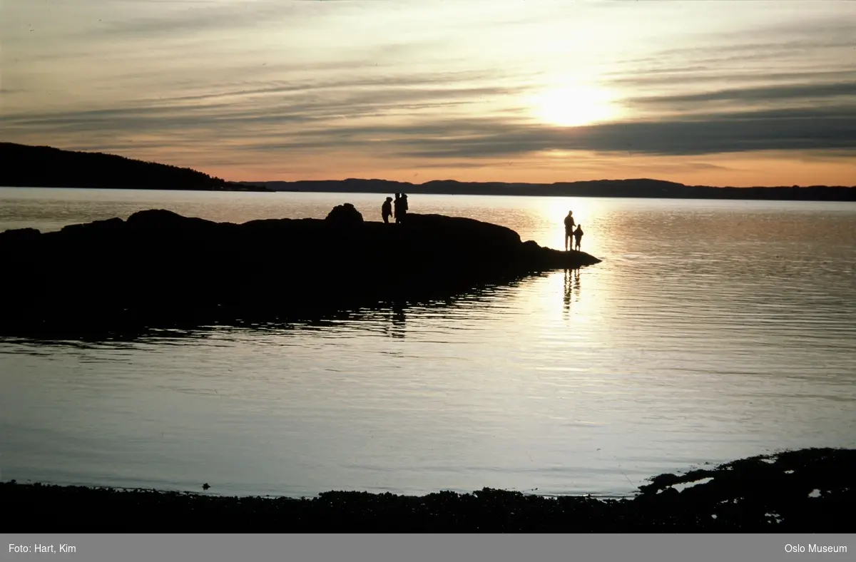 strand, utsikt, fjord, mennesker, solnedgang
