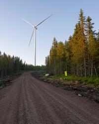 Vei mot vindturbin helt sør i Kjølberget vindkraftverk på Fi