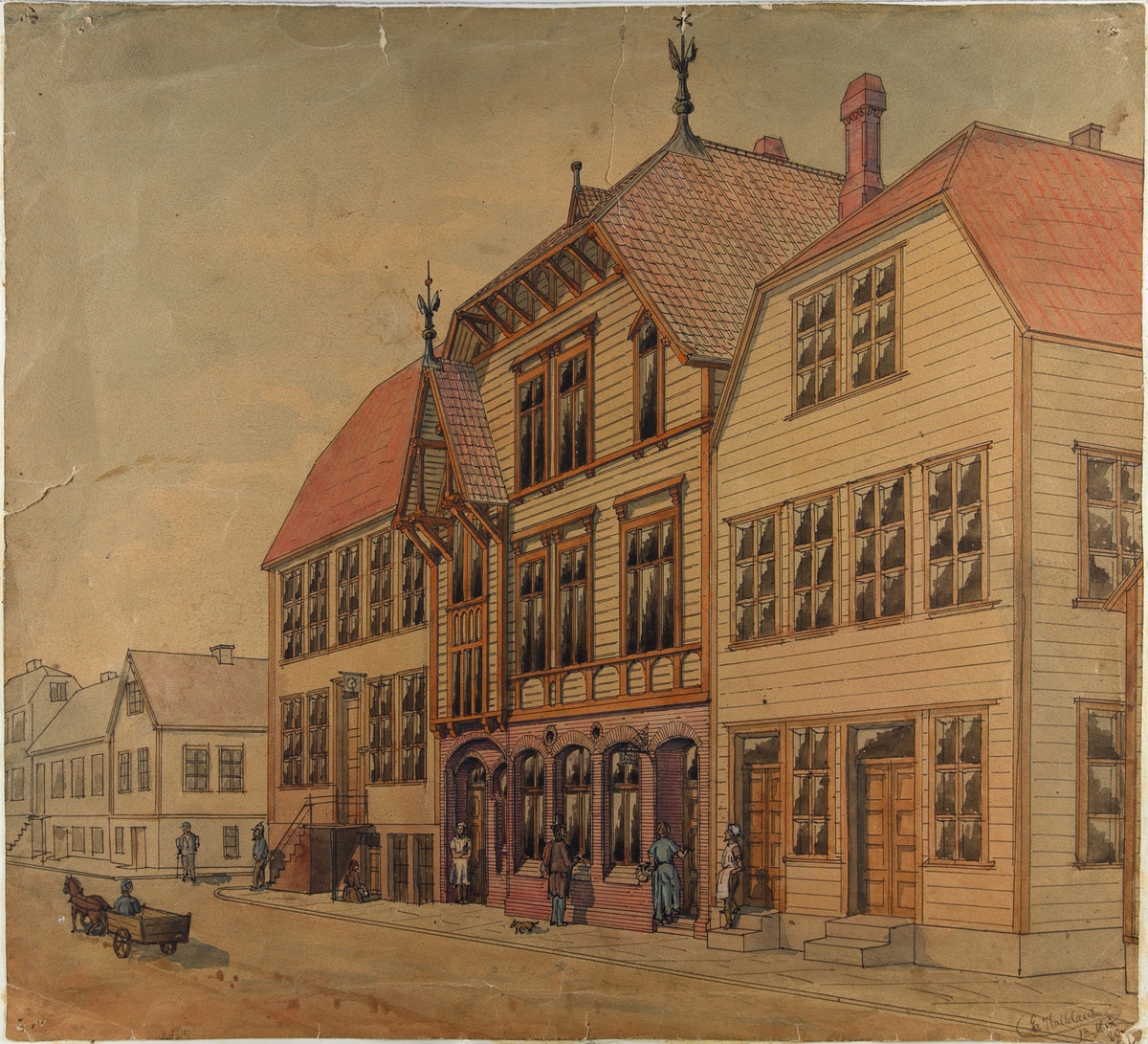 Akvarell av arkitekt Einar Halleland. Huset i midten er Nils Skorpensgt. 3.