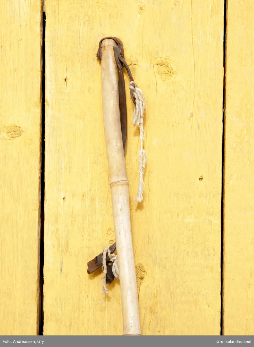 Èn skistav av bambus med stropp i skinn. Trinse av bambus og skinn, tupp av lettmetall og jern.