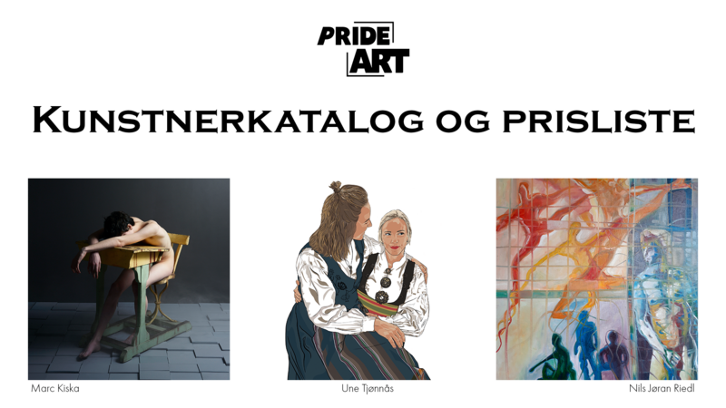 Bildet viser logoen til Pride art og teksten kunstnerkatalog og prisliste. Den viser også tre av kunstverkene som stilles ut i utstillinga blanke ark.