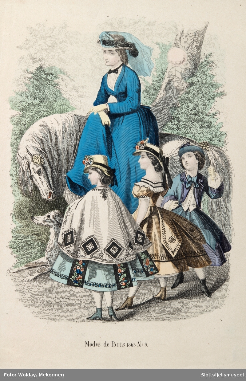 Illustrasjoner av dameklær fra 1862 og 1863,