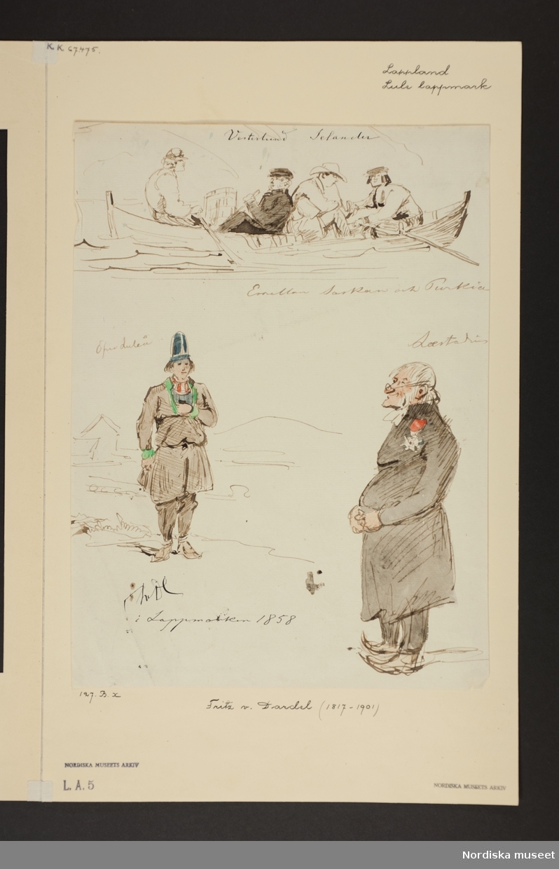 Teckning av Fritz von Dardel. Same möter Laestadius i Lappmarken samt två passagerare, Vinterlund och Selander, och två roddare i en båt. Daterad 1858. L.A. 5