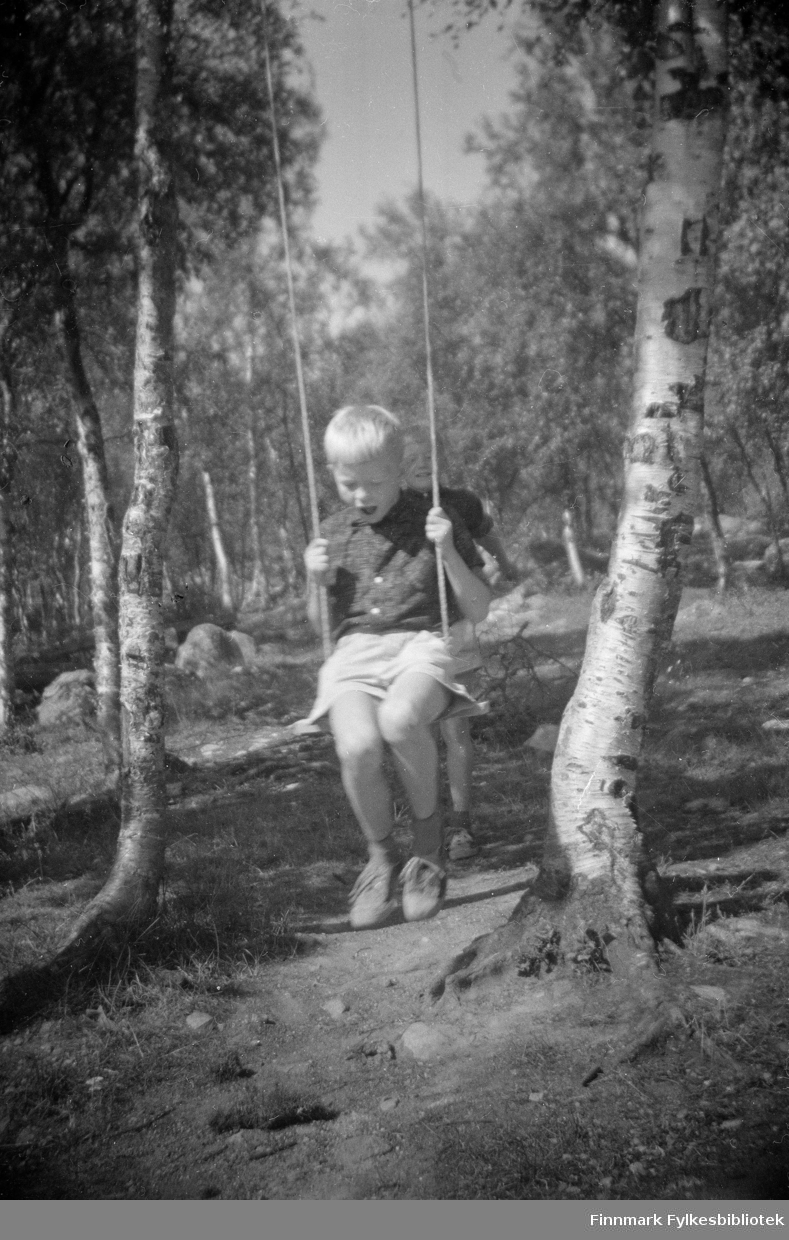 På huske i tre  (eller dissa) i Elvenes. Kjetil Ryan bak og dytter sin bror Olav Petter Ryan. Tatt i 1959, antakelig samme år og sted som bilde FBib.16003-030. 