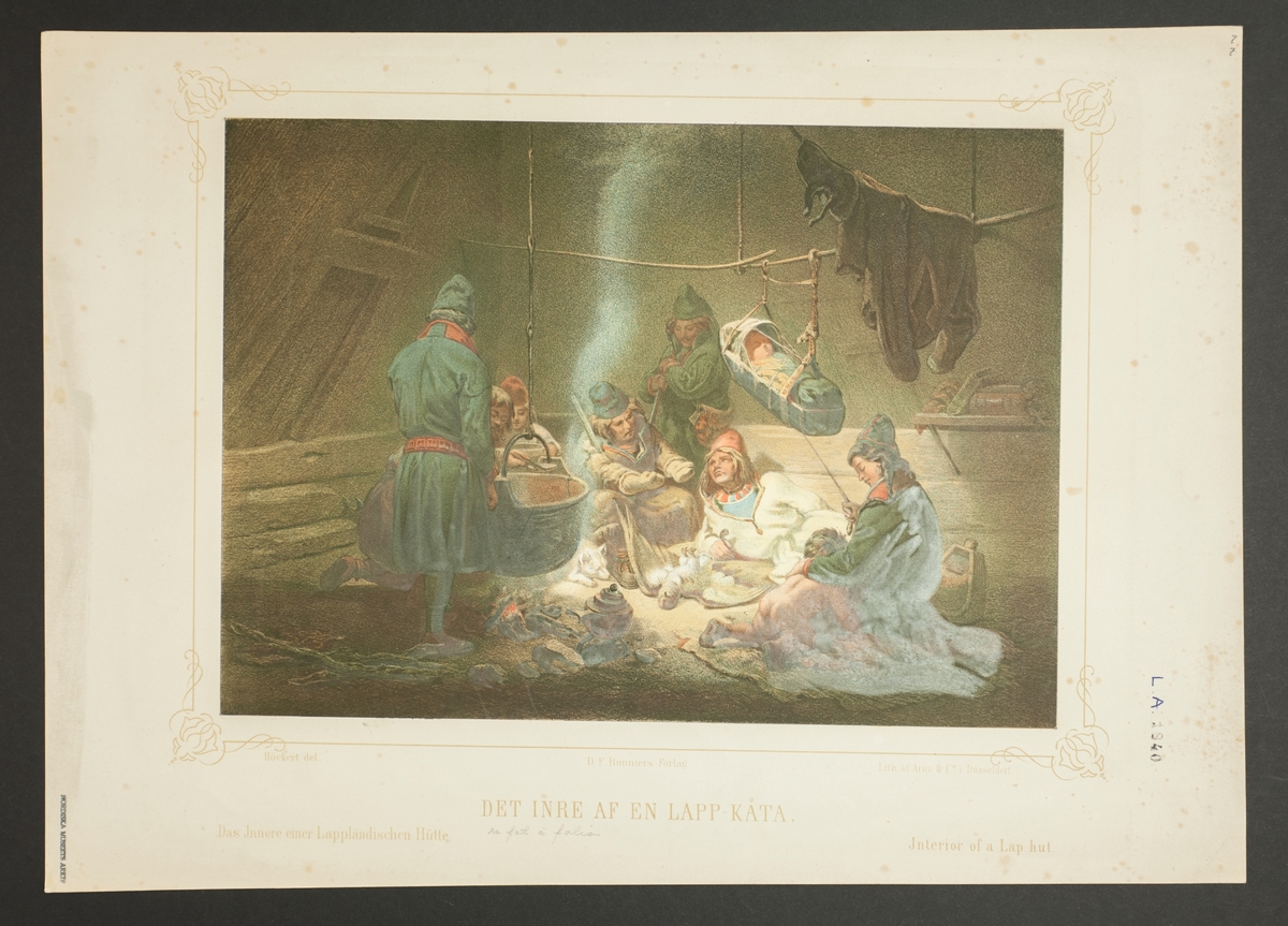 Grafiskt färgtryck efter målning av Johan Fredrik Höckert "Det inre af en lapp-kåta." L.A. 1840