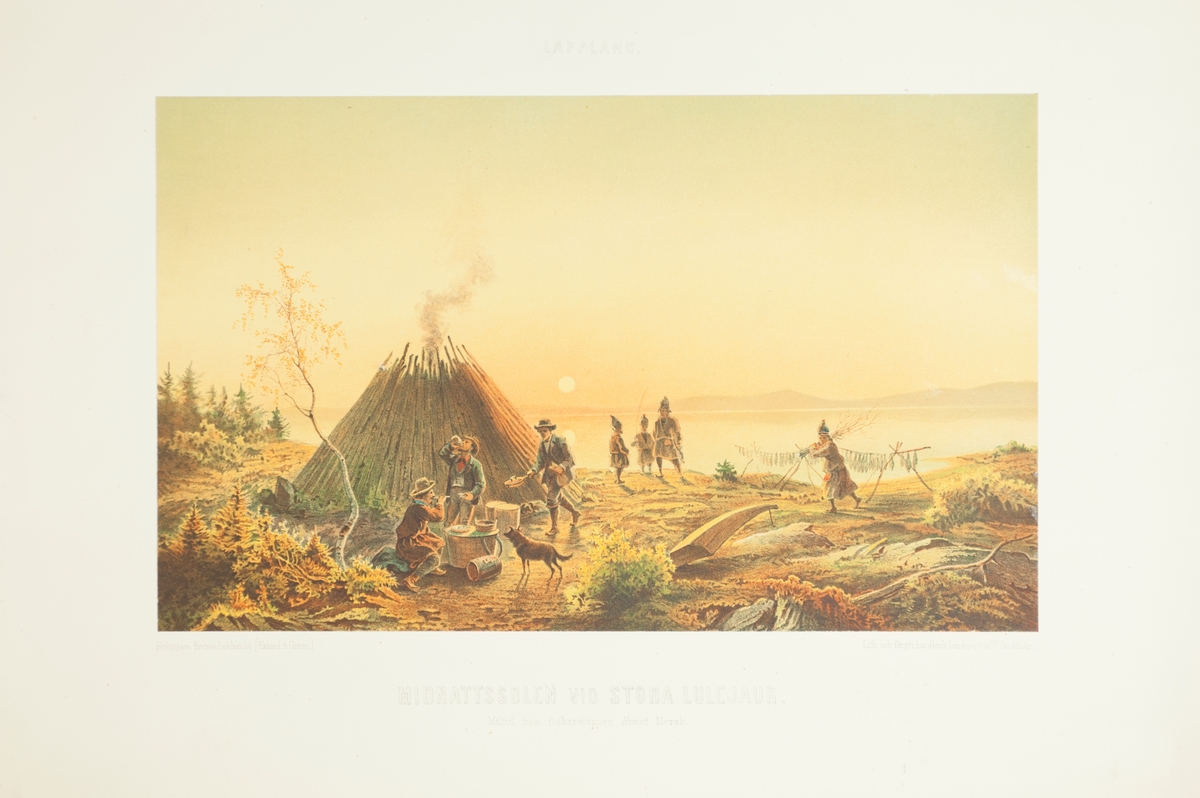 Färgtryck. Motivet "Midnattssolen vid Stora Lulejaur" är hämtat ur planschverket Lappland, dess natur och folk av Carl Anton Pettersson 1866. Här intas en måltid hos fiskaren Abmut Merak.