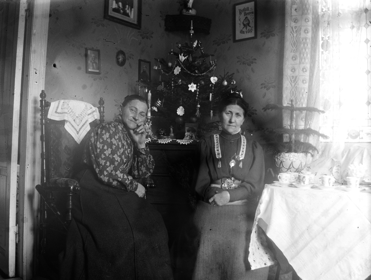 Systrarna Bertha och Fredrika Engström sitter tillsammans i finrummet vid en klädd liten gran som står på en byrå. På bordet bredvid dem står kaffekoppar uppdukade. Fredrika har sina glasögon fästade vid blusen, ett kors om halsen och ett brett bälte med stort spänne.
