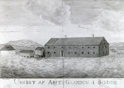 Tegning av Amtsgården i Bodø. Tegnet av M. Mathisen.