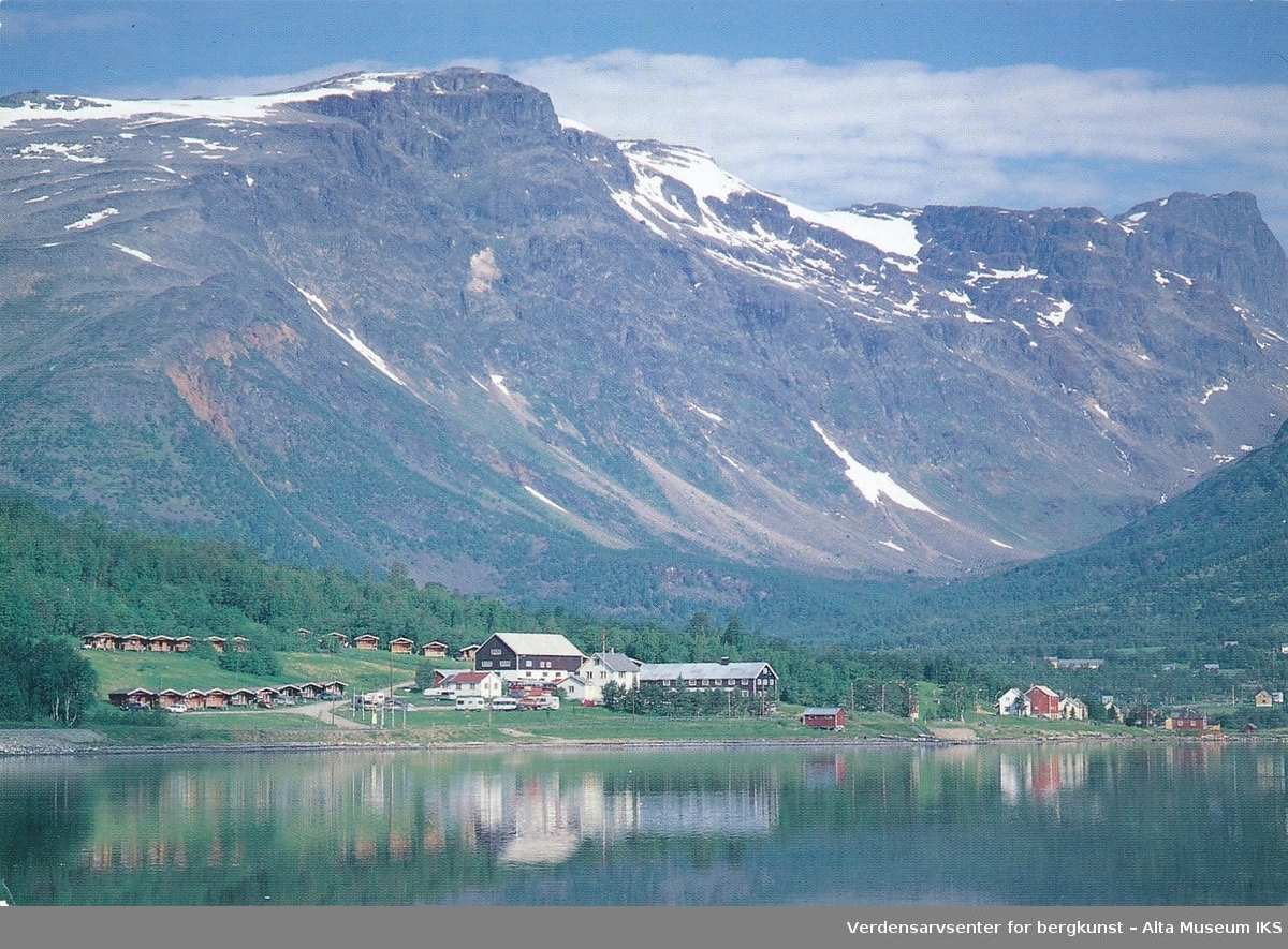 Postkort som viser Altafjord camping i Langfjordbotn.