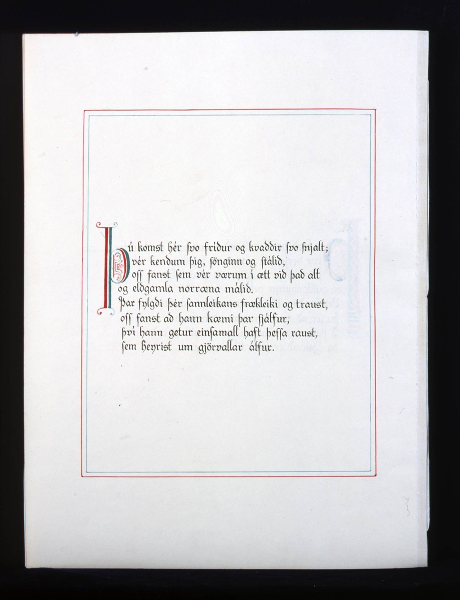 Adresse med mappe i mørkebrunt skinn med gullskrift på forsiden. Løse doble blad med mange hilsener i gullrammer. Adressen er skrevet med gotiske bokstaver i svart, rødt og gull.
