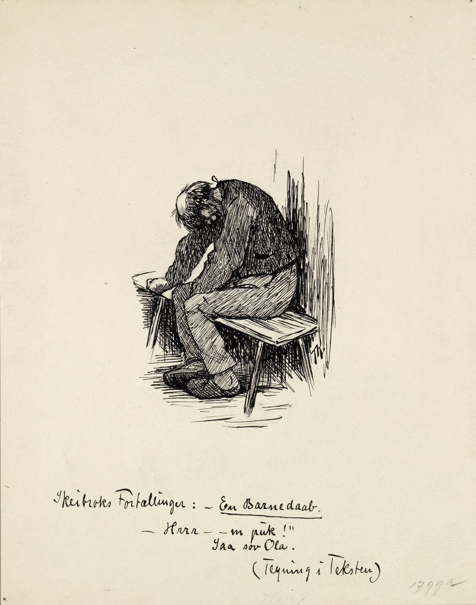 Illustrasjon til "Sandfærdige skrøner og sligt noget. Fortalt av Mathias Skeibrok", Kristiania 1891 [Tegning]