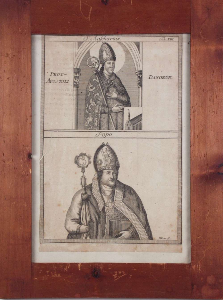 Ansgar, Nordens apostel og erkebiskop av Hamburg-Bremen. Under ham en pave.