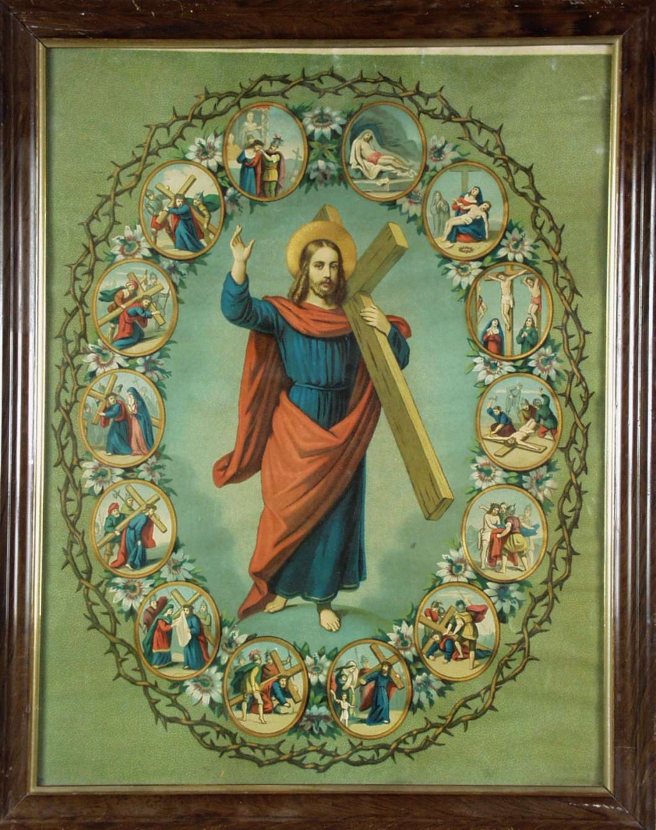 Jesus med korset og 14 mindre motiver.
