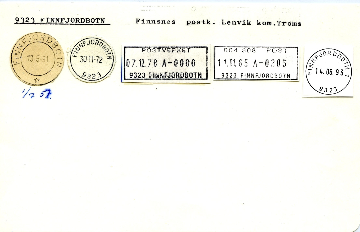 Stempelkatalog, 9323 Finnfjorbotn, Finnsnes postkontor, Lenvik kommune, Troms fylke.