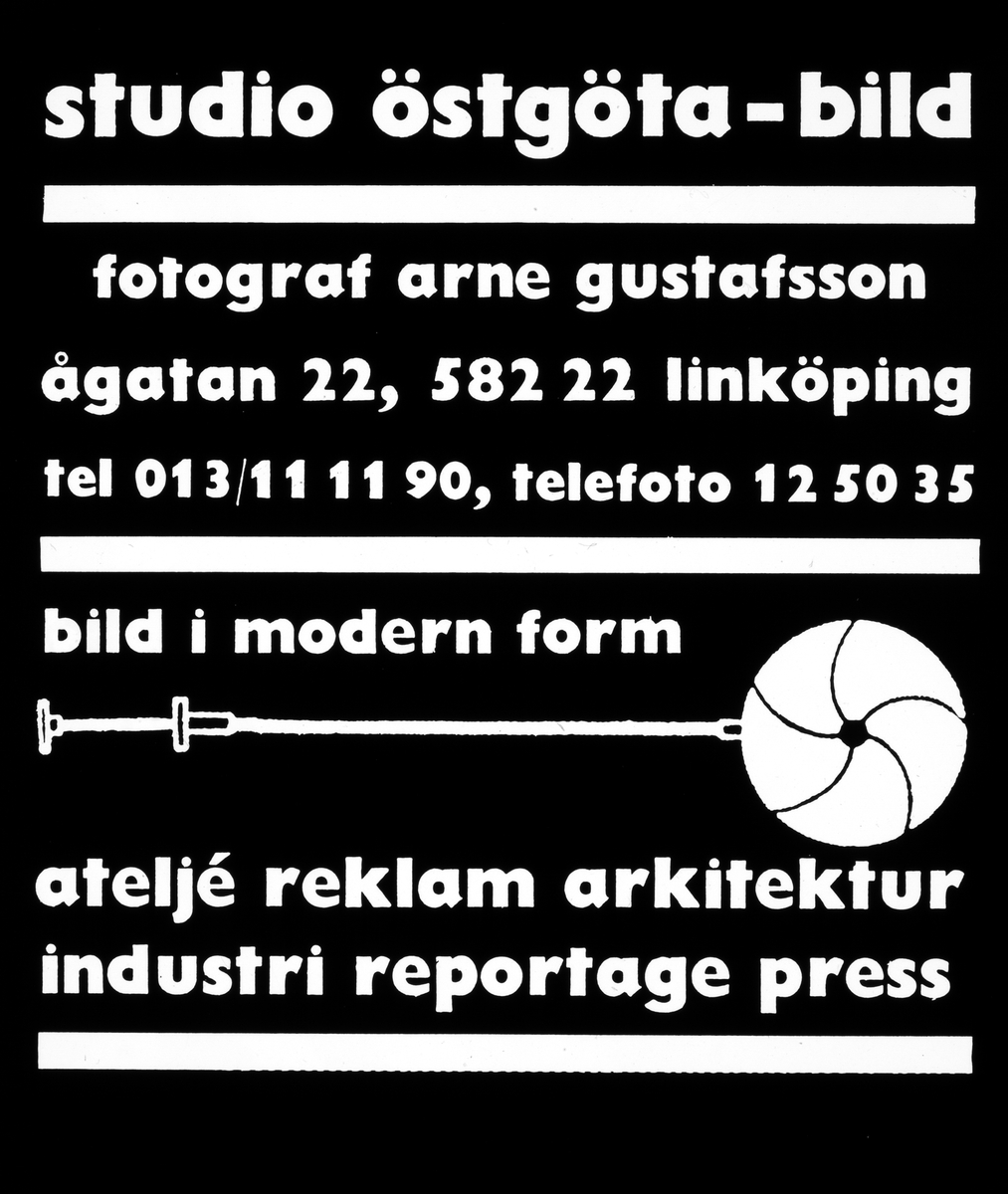 Skylt från Arne Gustafssons fotofirma Östgötabild. Annons, 1969.
