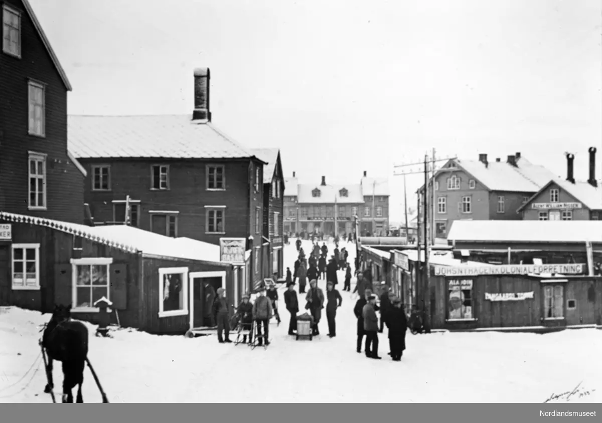 "Svinesund", Sjøgata om vinteren. Hus og folk. Lite smug. Bygninger med en del forretninger. En hest i forgrunnen.