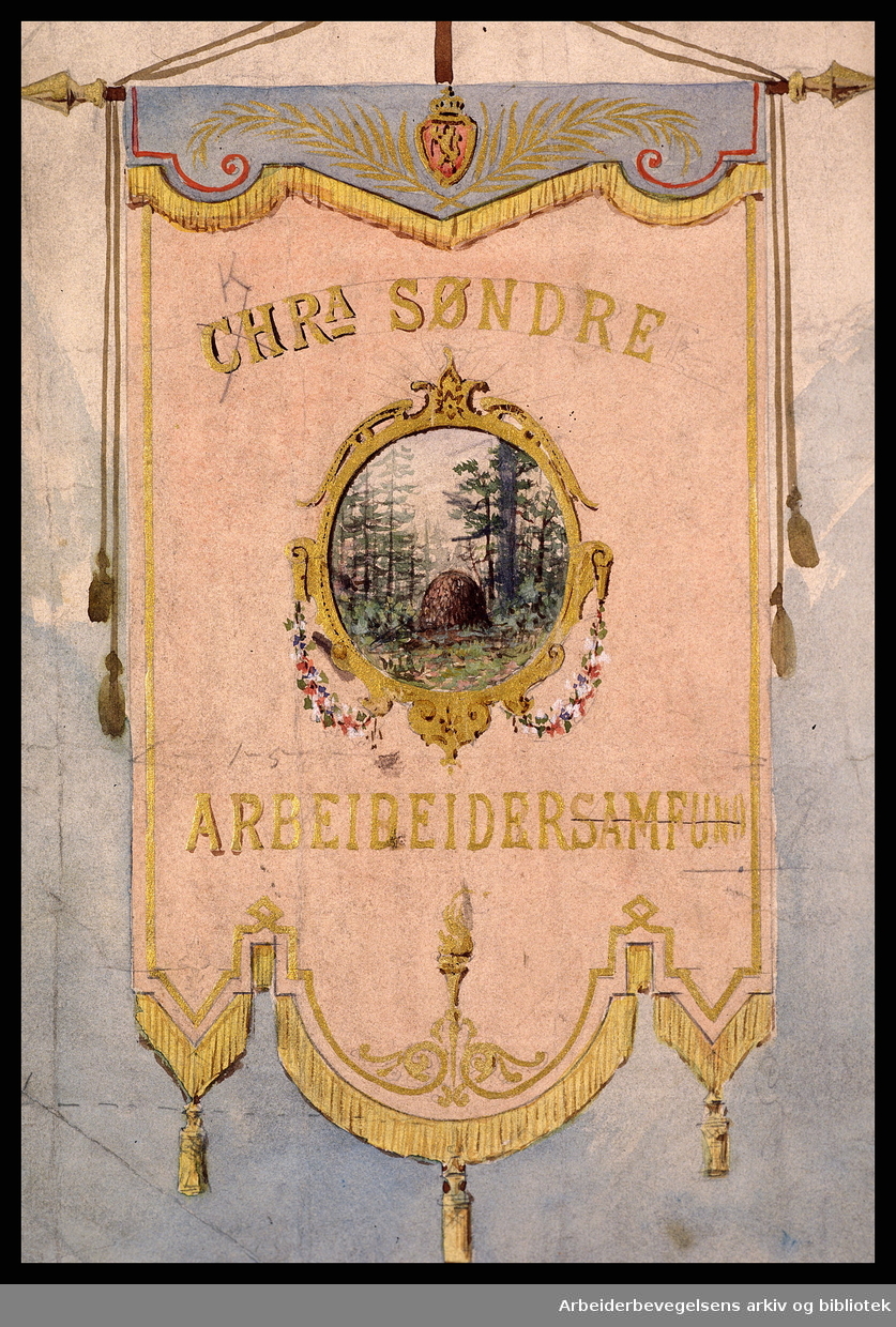 Skisse til fane for Kristiania Søndre Arbeidersamfund (Stiftet 11. november 1888), laget av fanemaler O. Ekornes, Oslo