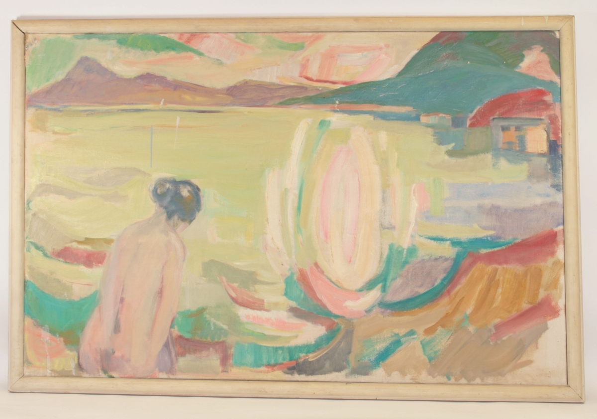 Motivet viser en kvinne fra livet og opp som står naken med ryggen til tilskueren. Hun står ved en innsjø, og det er fjell i bakgrunnen. Tre fjerdedeler ut fra venstre side er der en ukjent  form malt som flere konvekse linjer i lyse pastellfarger.