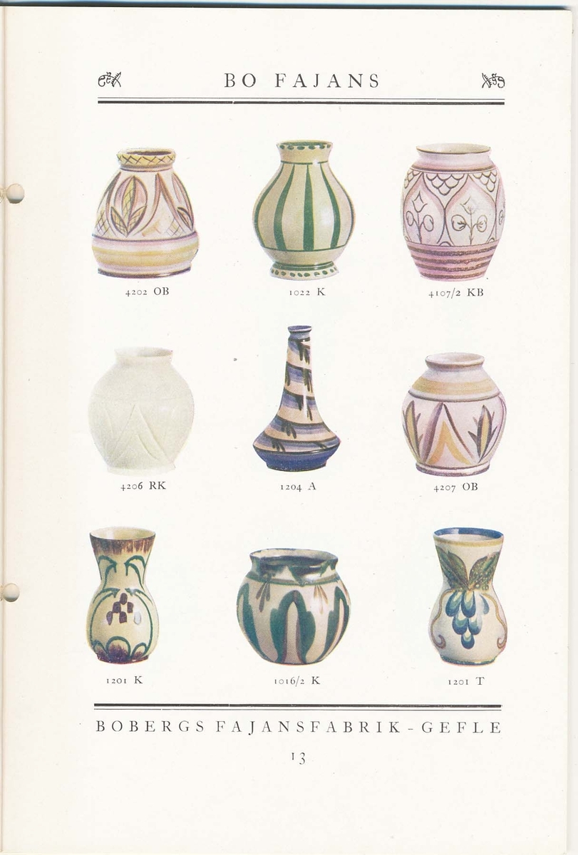 Produktkatalog från Bo Fajans 1930. Handdekorerade fajanser komponerade av Eva Jancke Björk, Allan Ebeling och Maggie Wibom.