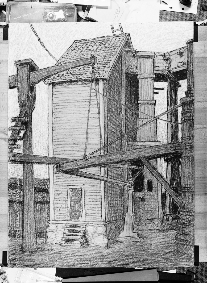 Signerad: "Boberg". På tavlans baskida: "Creutz' pumphus vid# Falu gruva (1916)". "Ferdinand Boberg". I glas och förgylld ram.