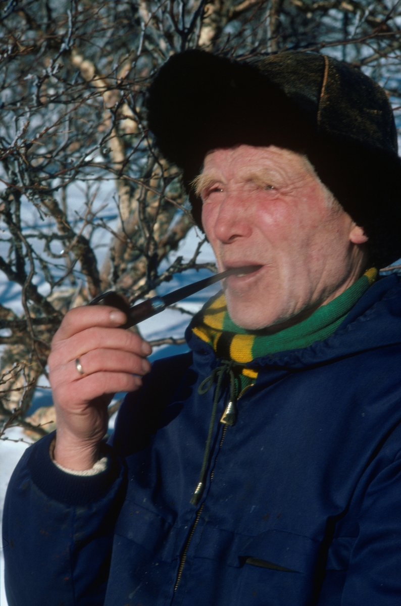 Ole Edvard Totland fra garden Aunet i Sørli i Lierne kommune i Nord-Trøndelag røyker pipe. Bildet er tatt i forbindelse med at han var ute for å sette rypesnarer i fjellterreng. Totland var kledd i blå anorakk og hadde pelslue på hodet.