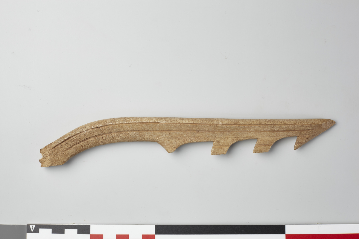 Udmærket bevarede Harpunspids af Renshorn, 23 cm. lang, med 4 Hager kun paa den ene Side.
