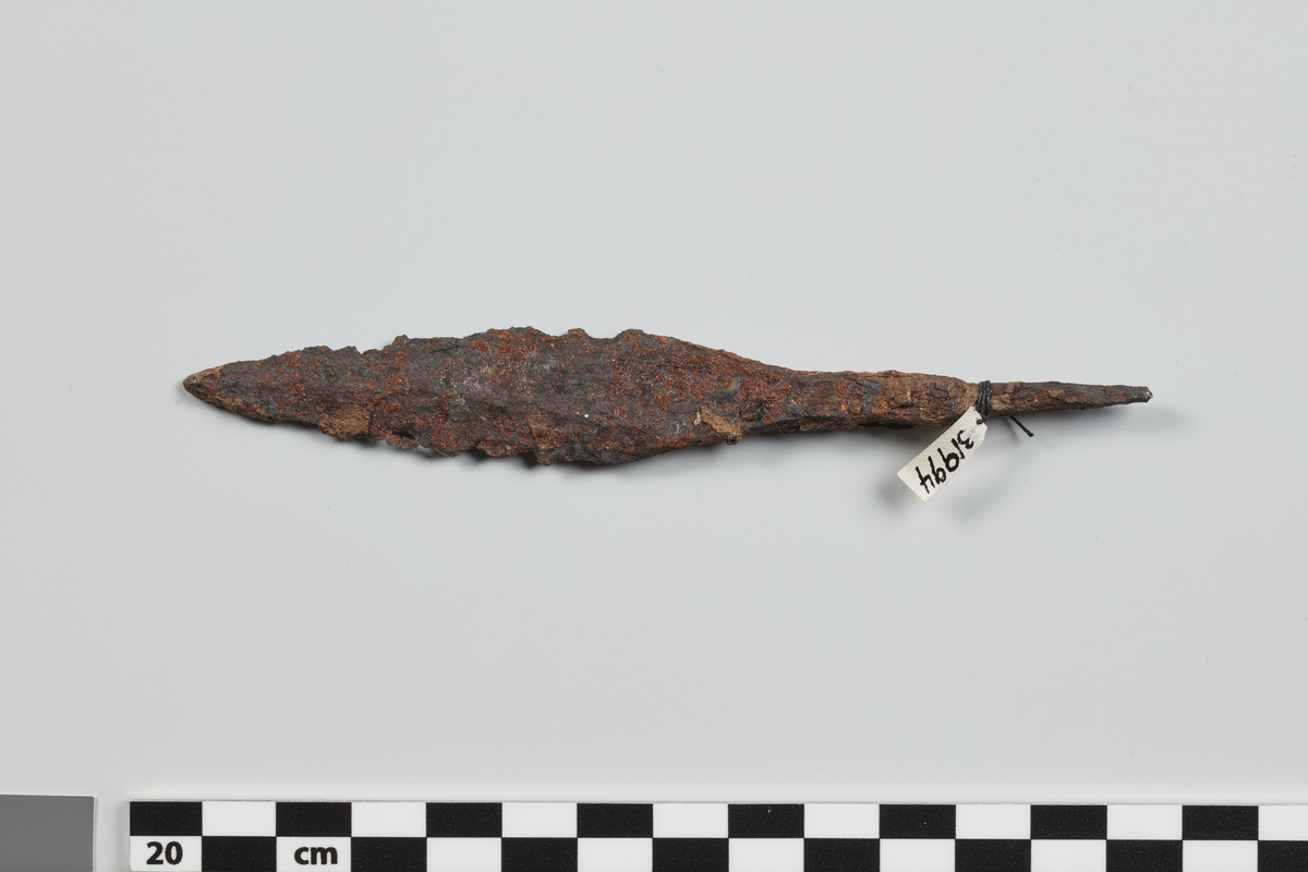Pilespiss av jern som R. 539, atskillig forrustet i overflaten. St. lengde 13 cm, bladets st.br. 1,8 cm.
