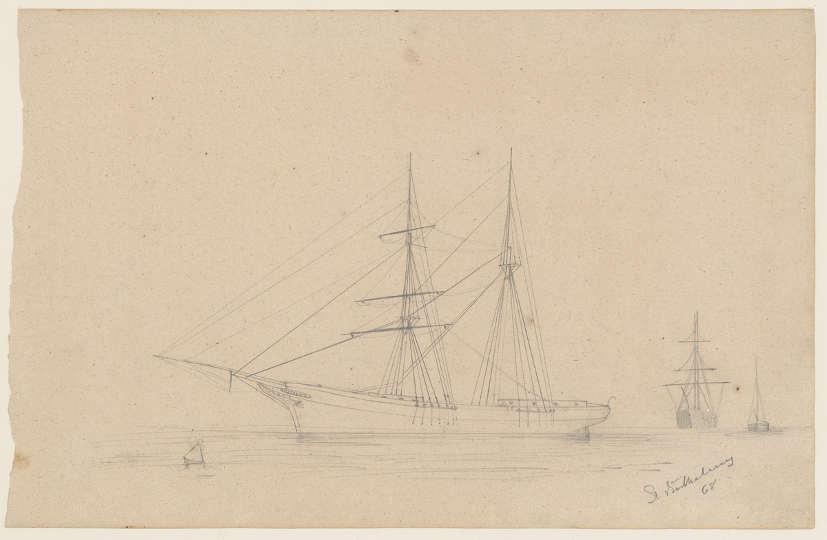 Skonaren Matilda på staden Gustavia, på Ön S.t Barthelemys redd. Bakom densamma två andra segelfartyg.