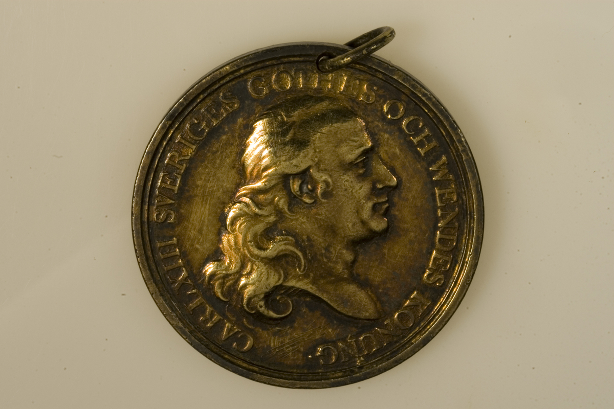 Motiv advers: Kong Karl XIII av Sverige i profil mot høyre.

Motiv revers: Tekst.