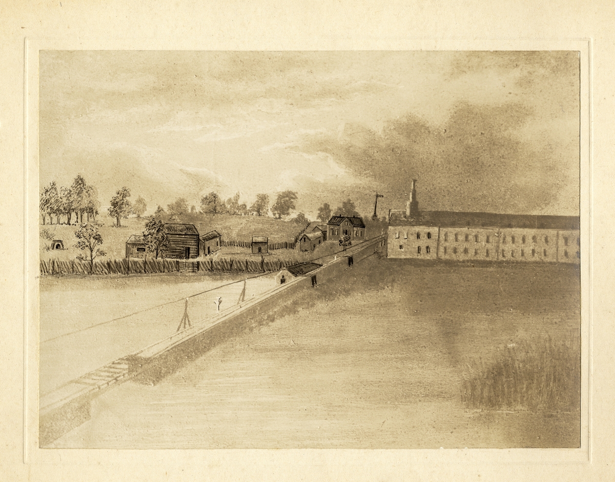 Målning föreställande domprostgården och Wahlqvistska klädesfabriken i Växjö, 1873.