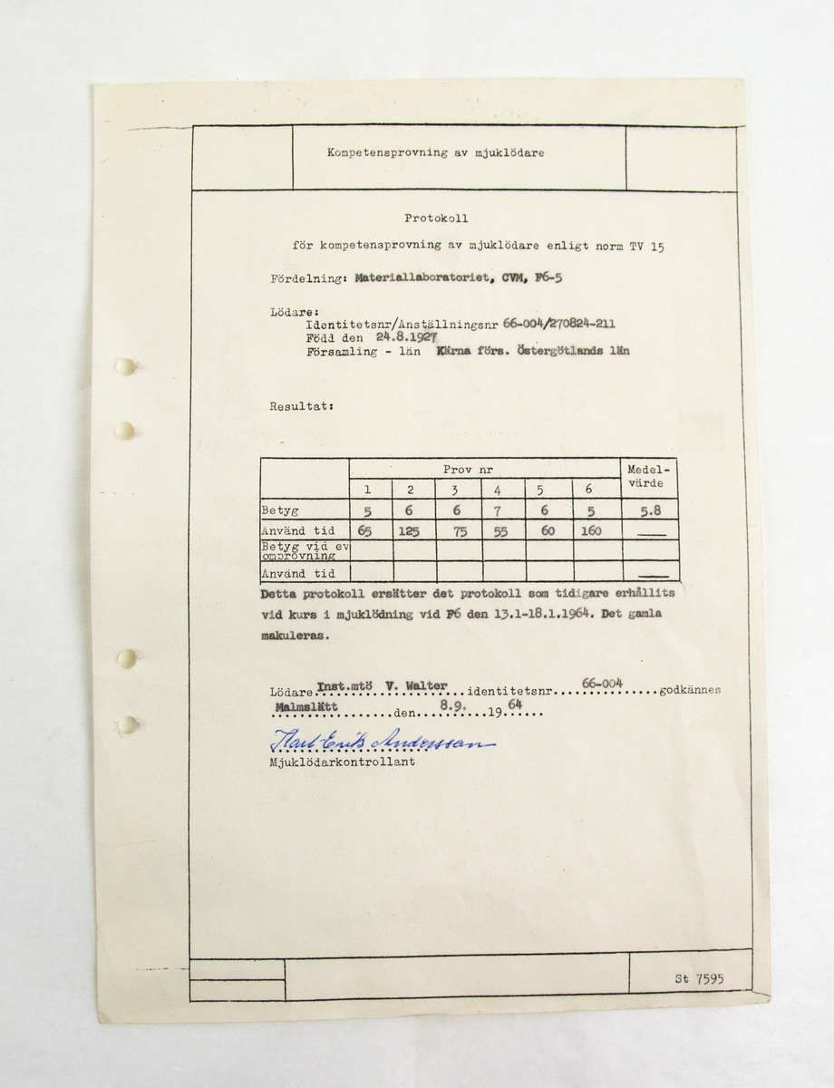 Protokoll över kompetensprovning av lödare daterat F6 13/1 - 18/1 1964.