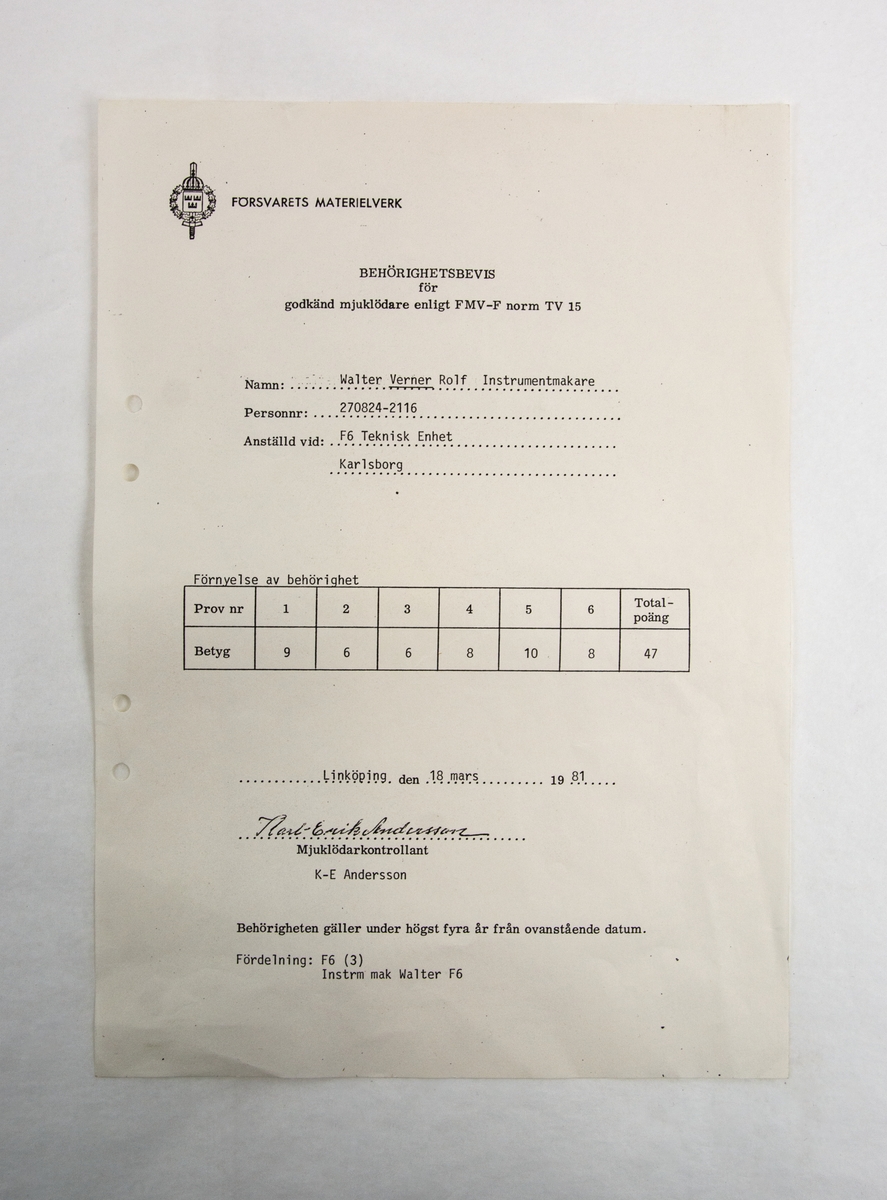 Protokoll över kompetensprovning av lödare daterat F6 13/1 - 18/1 1964.