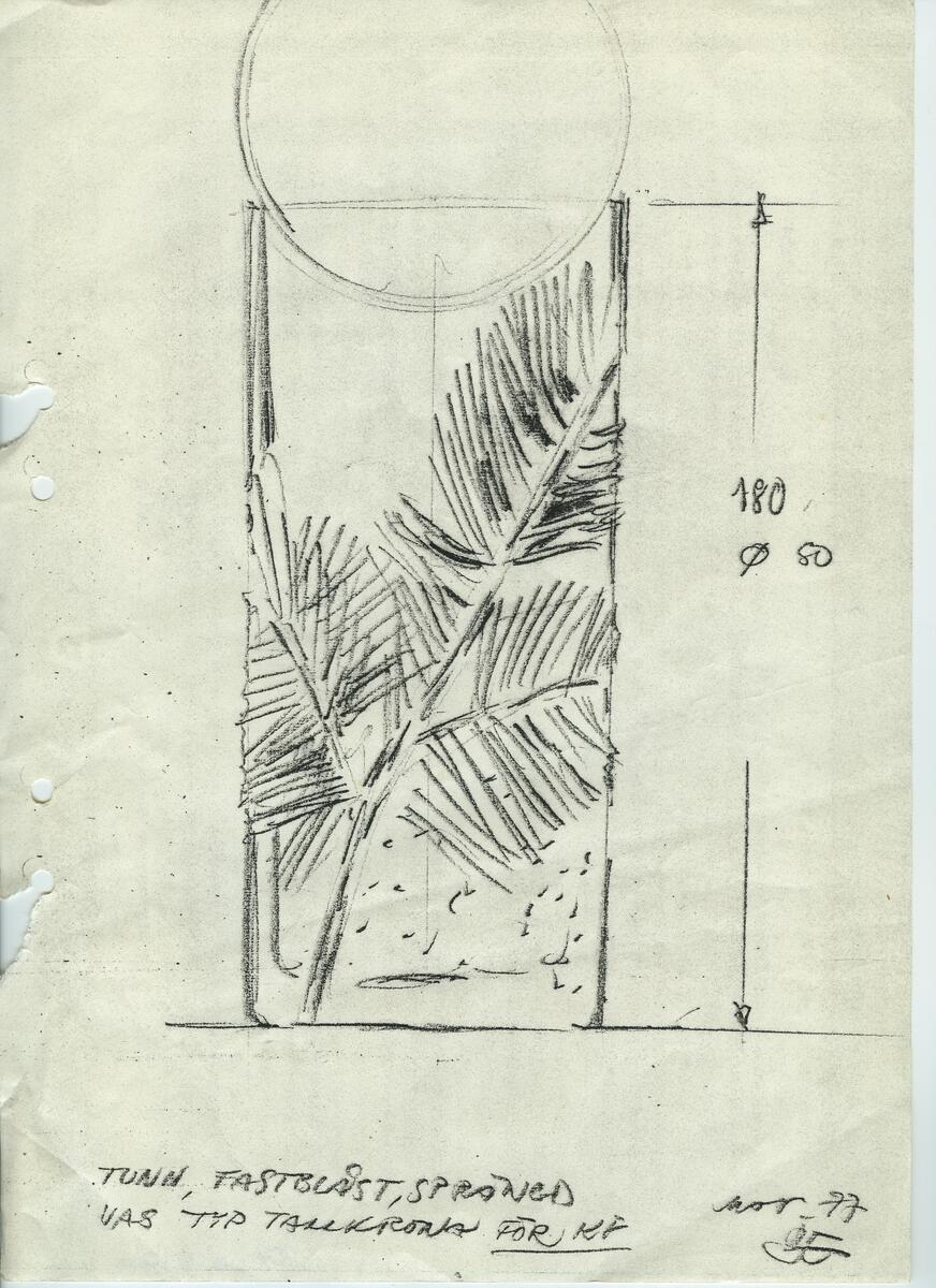 Materialet innehåller skisser till vaser, karaffer, askfat, kristallservis m.m. 32 st skisser daterade 1977. 7 st skisser daterade 1978.